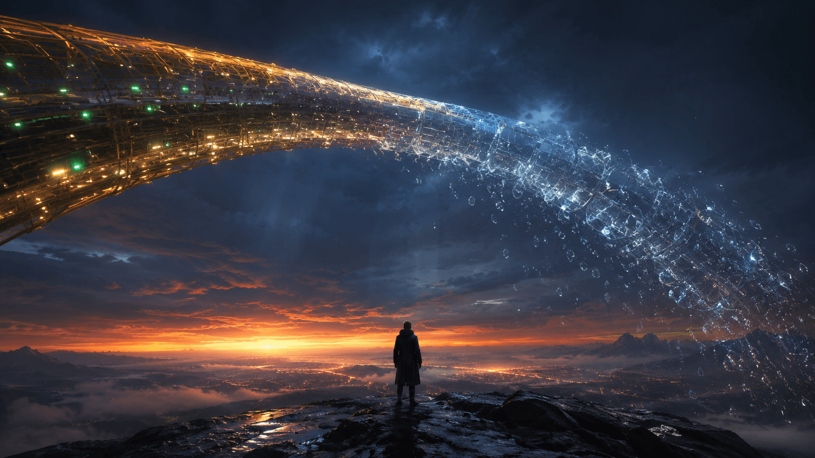 A lone figure on a ridge at dusk beneath a colossal pipeline of light arcing across the sky. The near half is warm gold and studded with calm green status lights; where it passes overhead it turns cold blue and what it carries breaks into hollow transparent shards that fall away into the dark